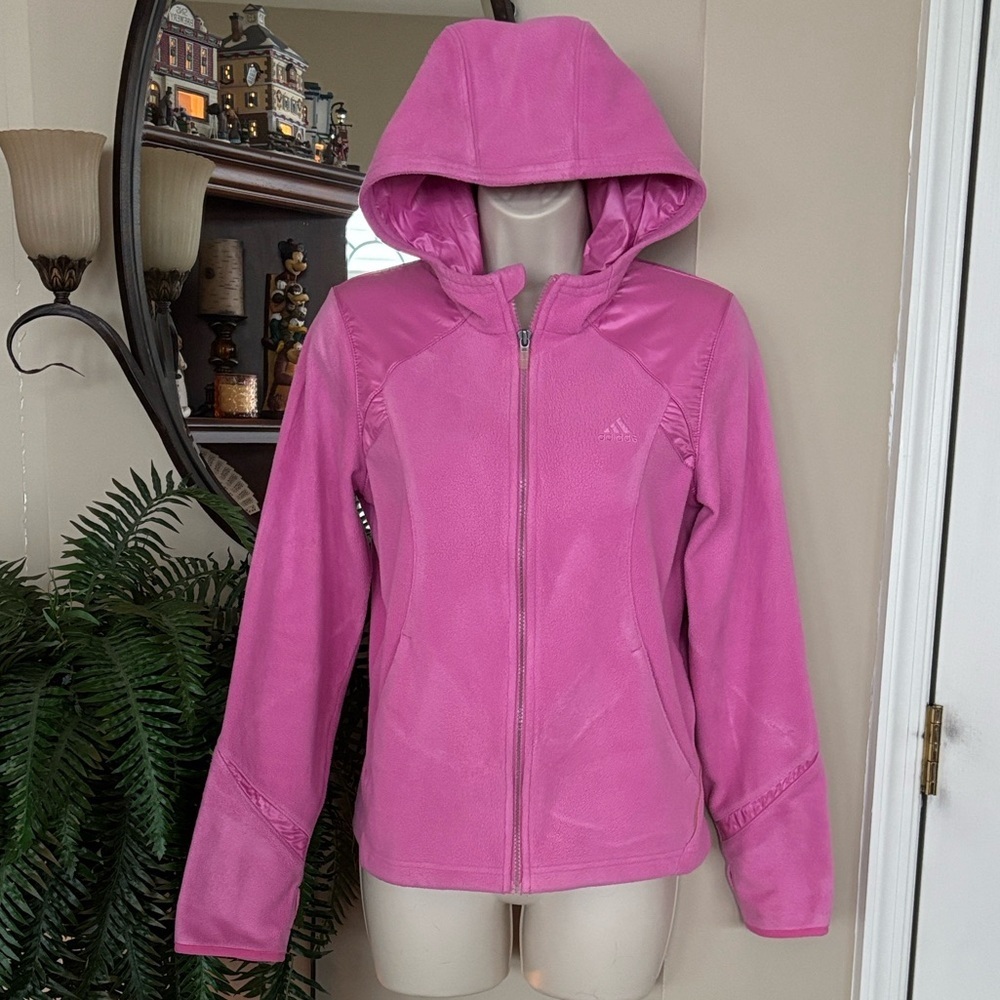 Adidas Pink Fleece Full Zip Up Hooded Jacket Satin Accents 3-Stripe Back Design
